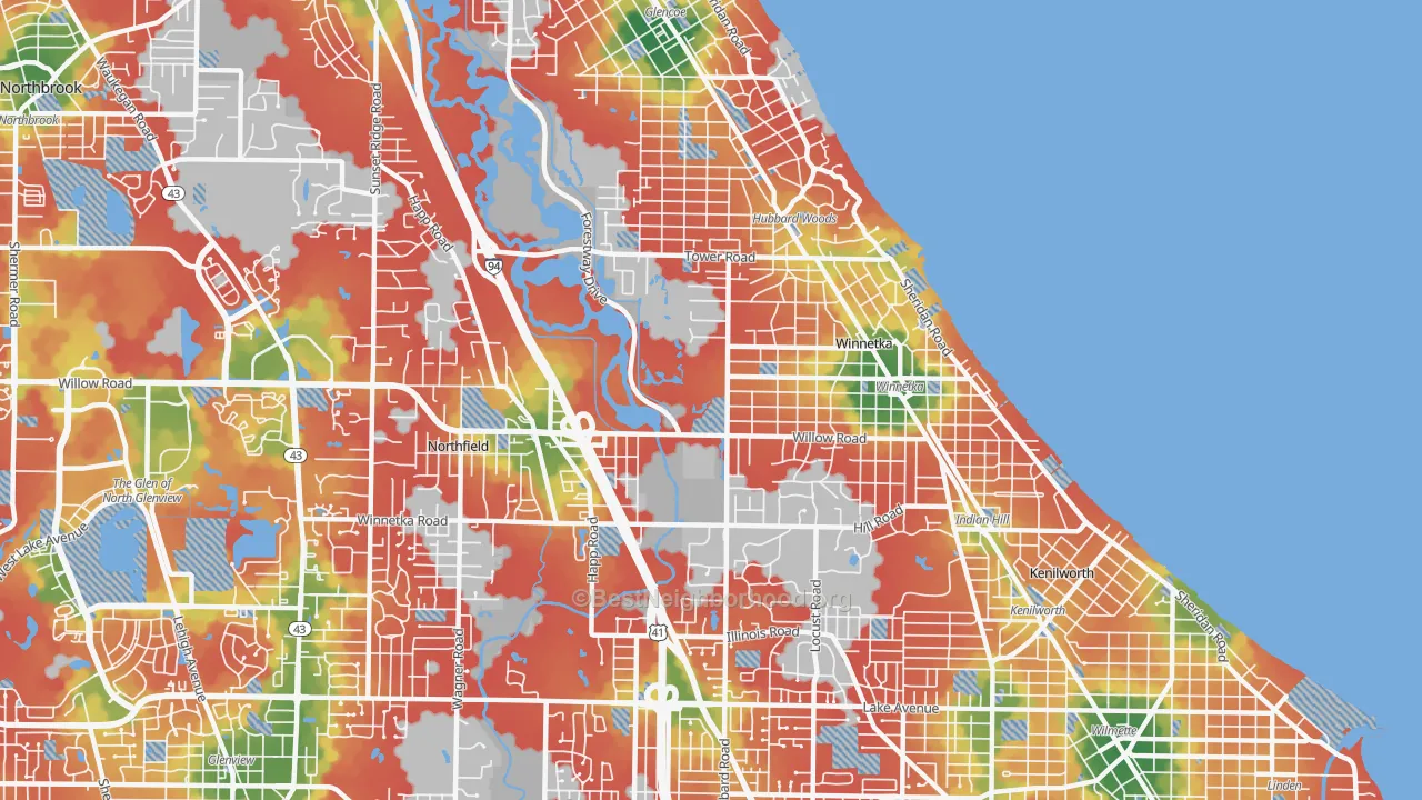 Walk Grade map of 60093, IL, walkable areas in green and car-dependent areas in red