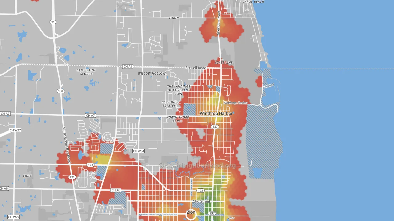Walk Grade map of 60096, IL, walkable areas in green and car-dependent areas in red