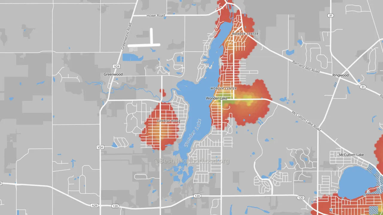 Walk Grade map of 60097, IL, walkable areas in green and car-dependent areas in red