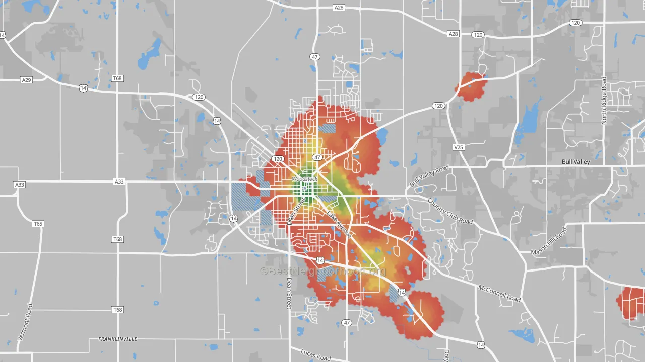 Walk Grade map of 60098, IL, walkable areas in green and car-dependent areas in red
