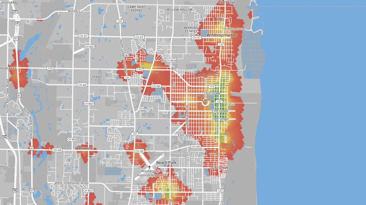 Walk Grade map of 60099, IL, walkable areas in green and car-dependent areas in red