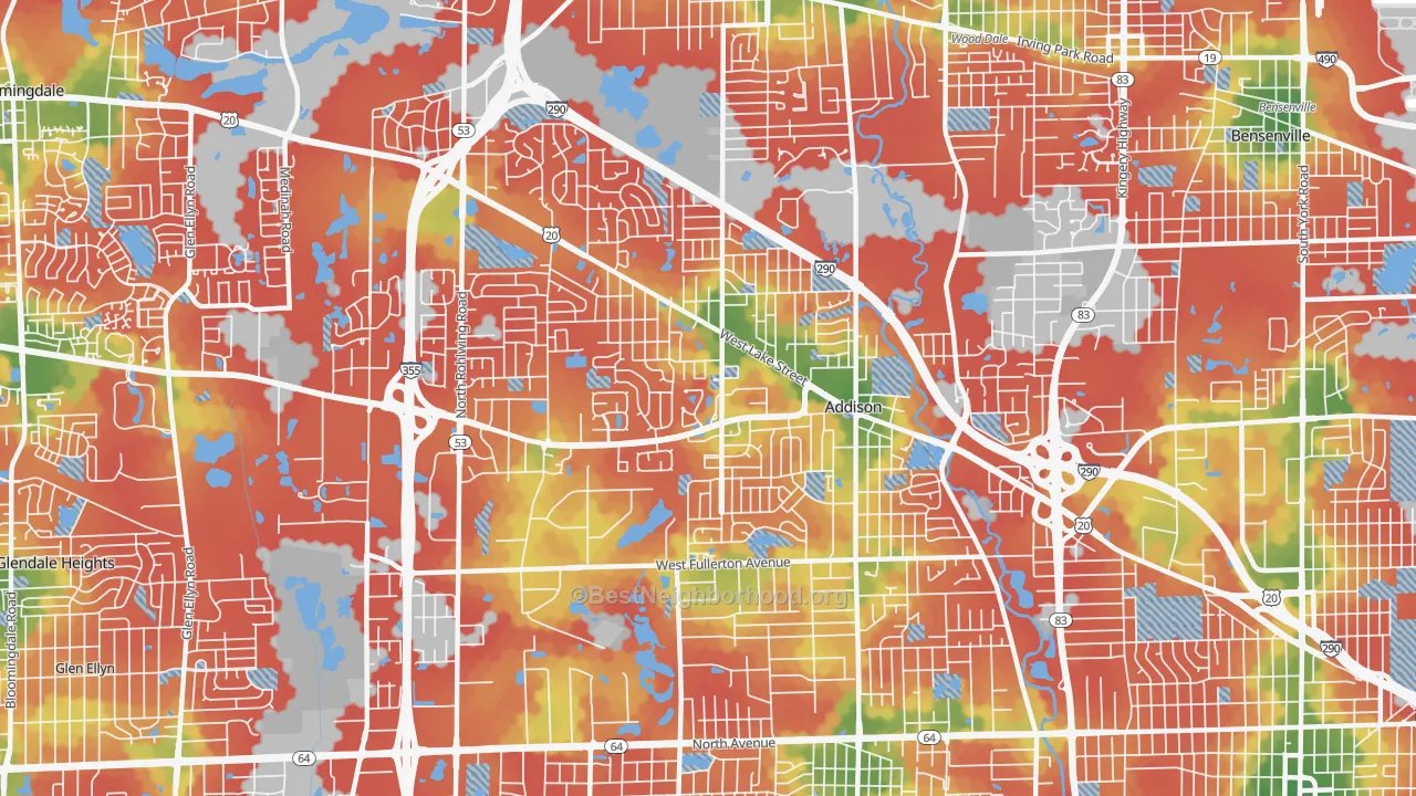 Walk Grade map of 60101, IL, walkable areas in green and car-dependent areas in red