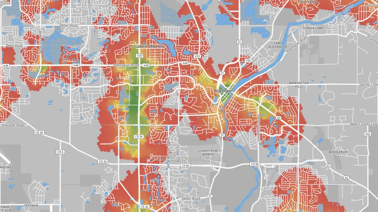Walk Grade map of 60102, IL, walkable areas in green and car-dependent areas in red