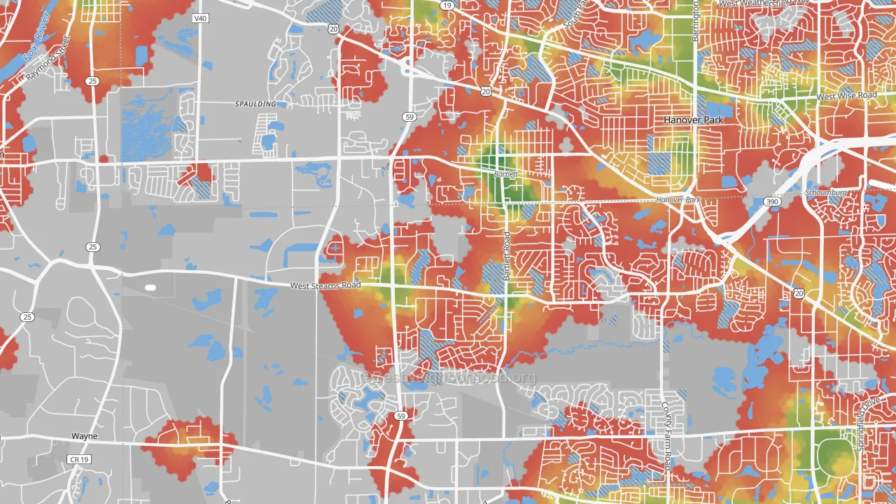 Walk Grade map of 60103, IL, walkable areas in green and car-dependent areas in red