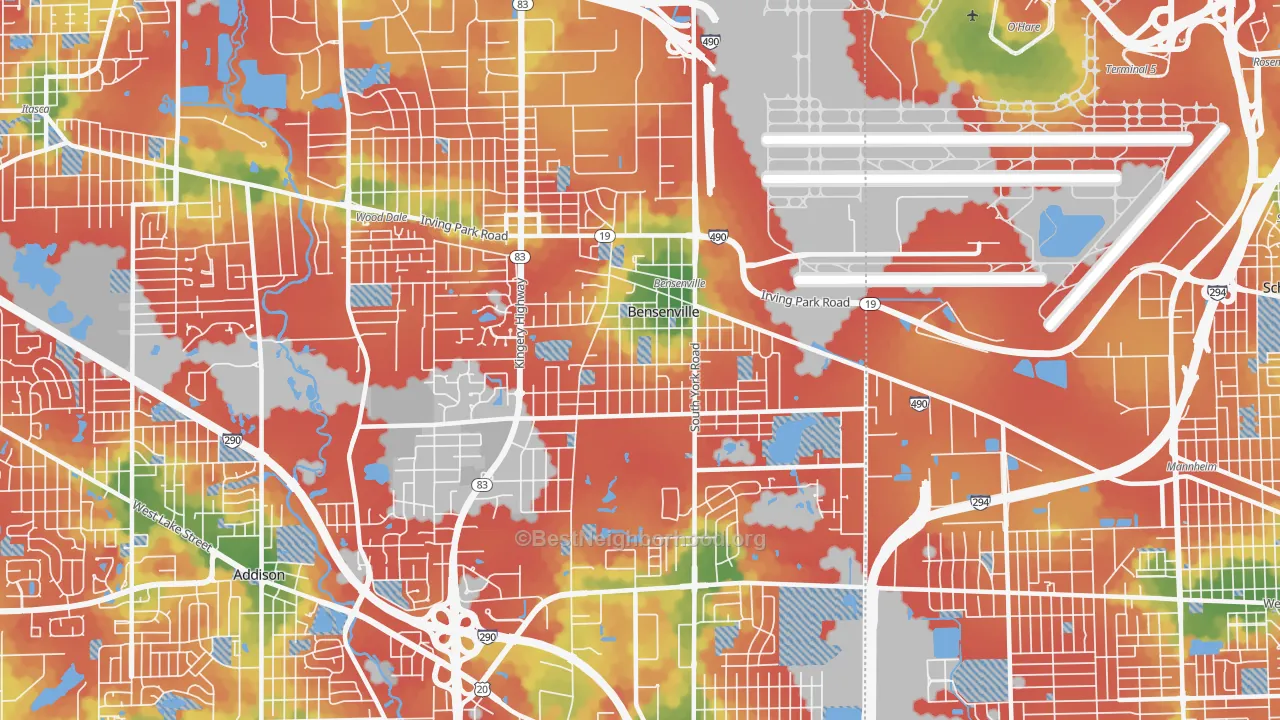 Walk Grade map of 60106, IL, walkable areas in green and car-dependent areas in red