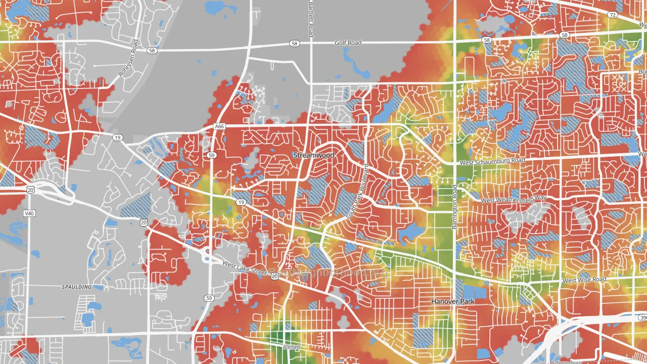 Walk Grade map of 60107, IL, walkable areas in green and car-dependent areas in red