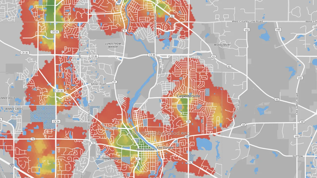 Walk Grade map of 60110, IL, walkable areas in green and car-dependent areas in red