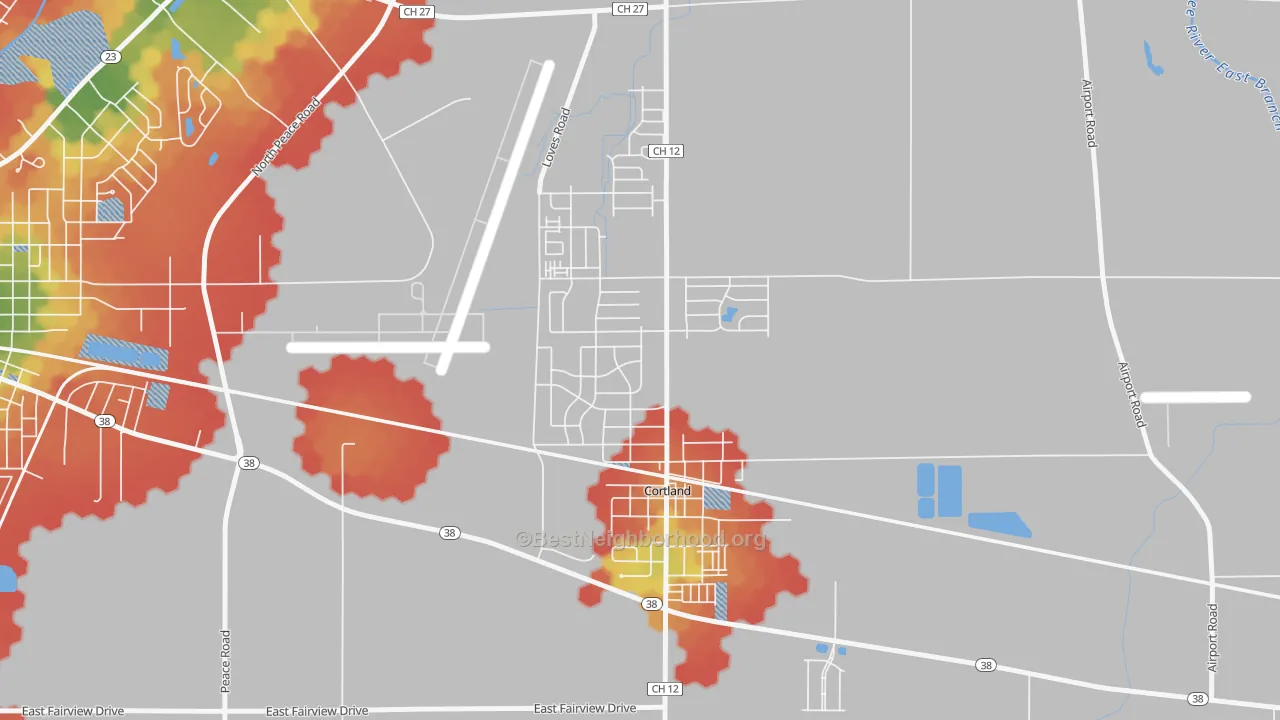 Walk Grade map of 60112, IL, walkable areas in green and car-dependent areas in red
