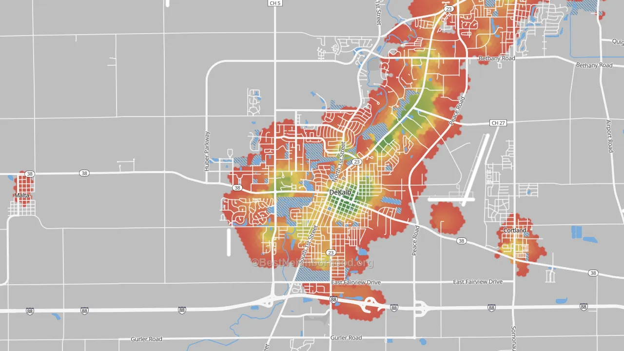 Walk Grade map of 60115, IL, walkable areas in green and car-dependent areas in red