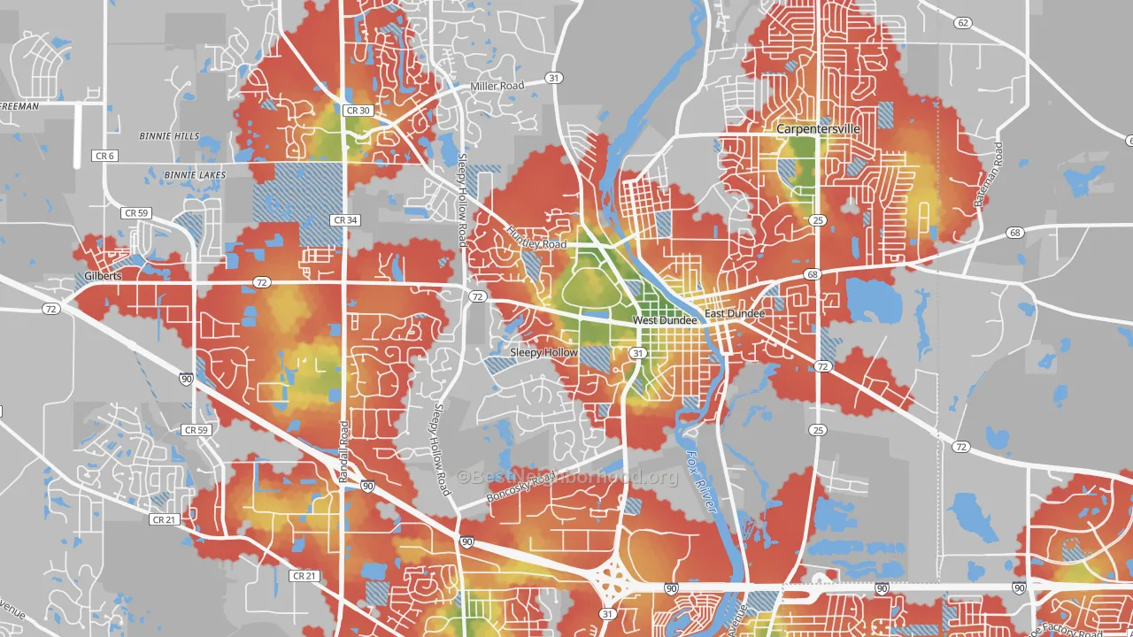 Walk Grade map of 60118, IL, walkable areas in green and car-dependent areas in red