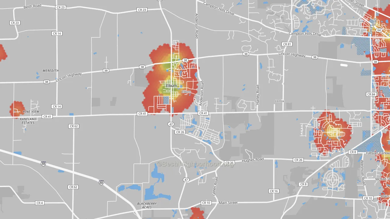 Walk Grade map of 60119, IL, walkable areas in green and car-dependent areas in red