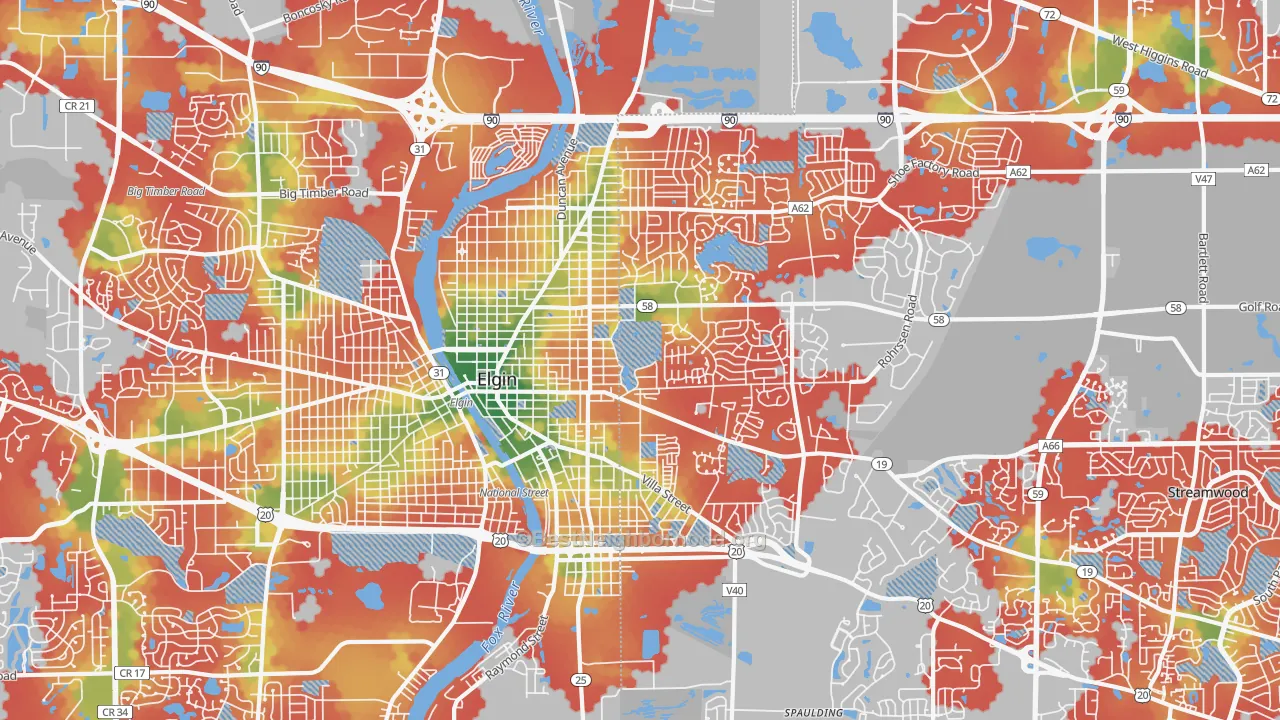 Walk Grade map of 60120, IL, walkable areas in green and car-dependent areas in red