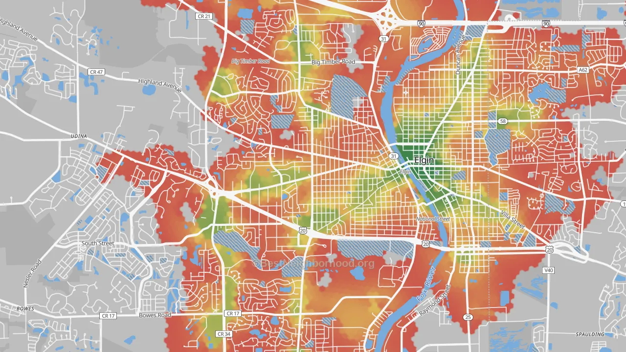 Walk Grade map of 60123, IL, walkable areas in green and car-dependent areas in red