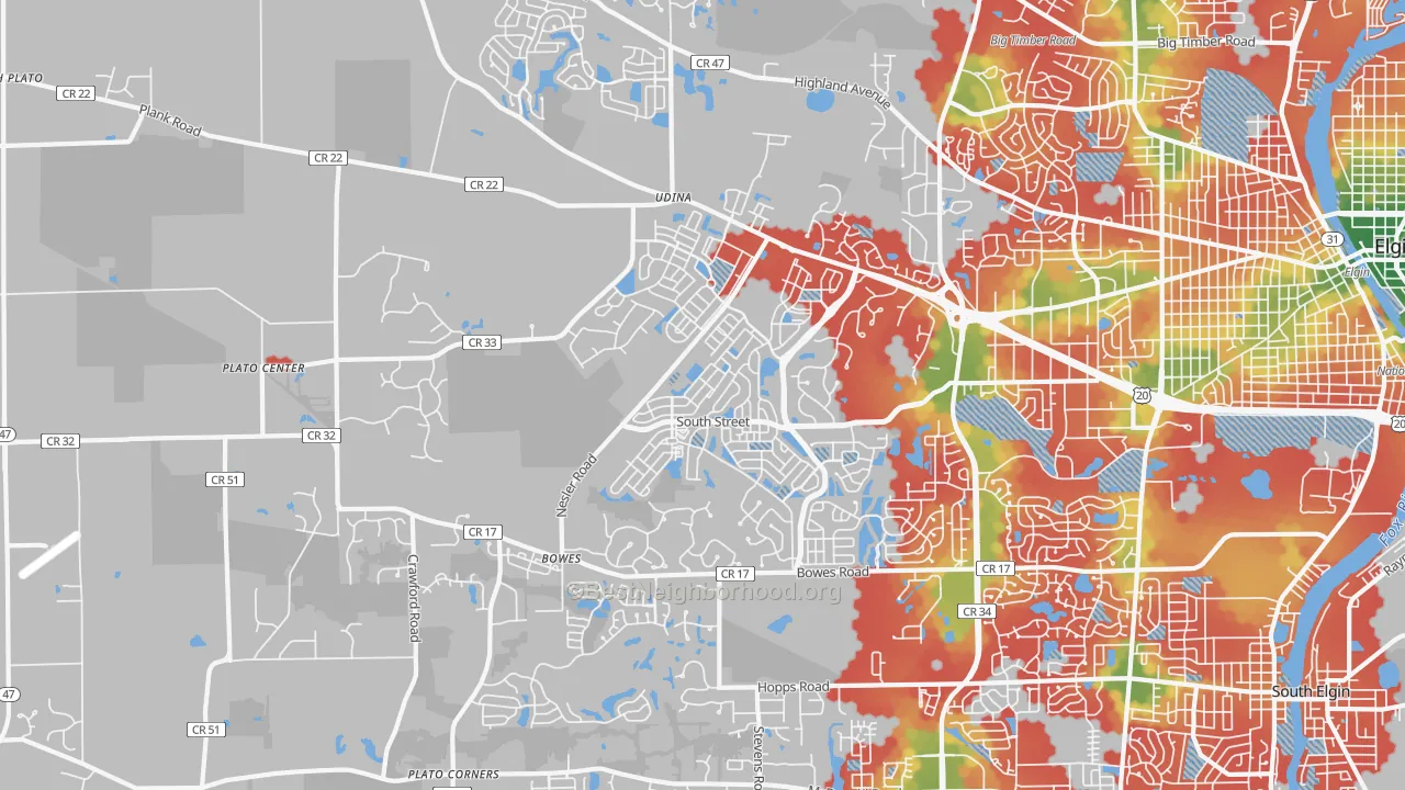 Walk Grade map of 60124, IL, walkable areas in green and car-dependent areas in red