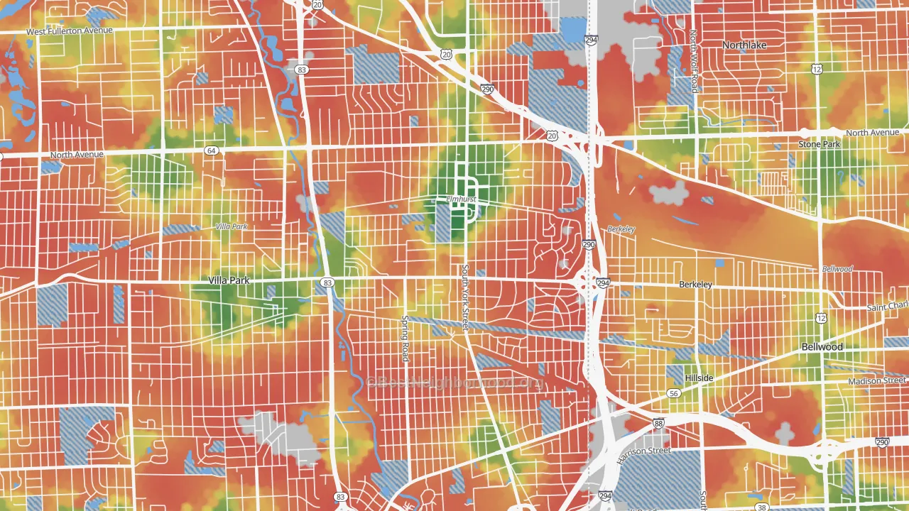 Walk Grade map of 60126, IL, walkable areas in green and car-dependent areas in red
