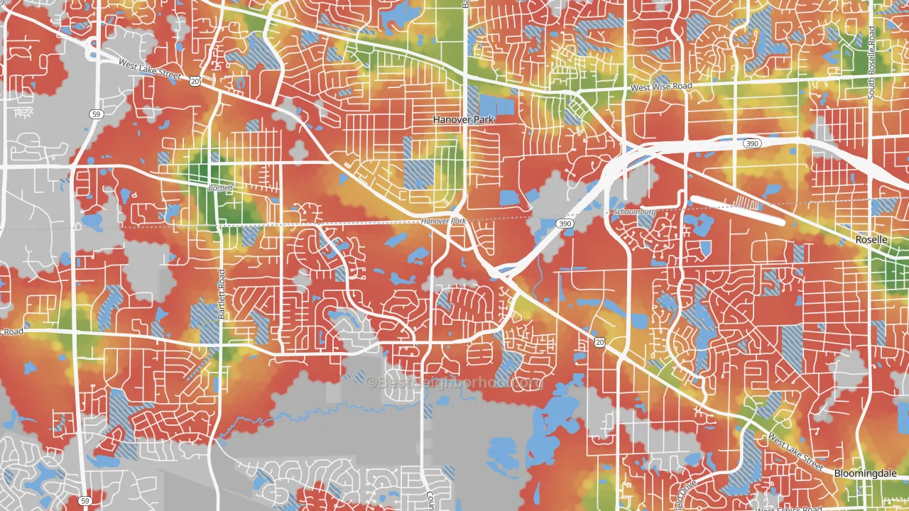 Walk Grade map of 60133, IL, walkable areas in green and car-dependent areas in red