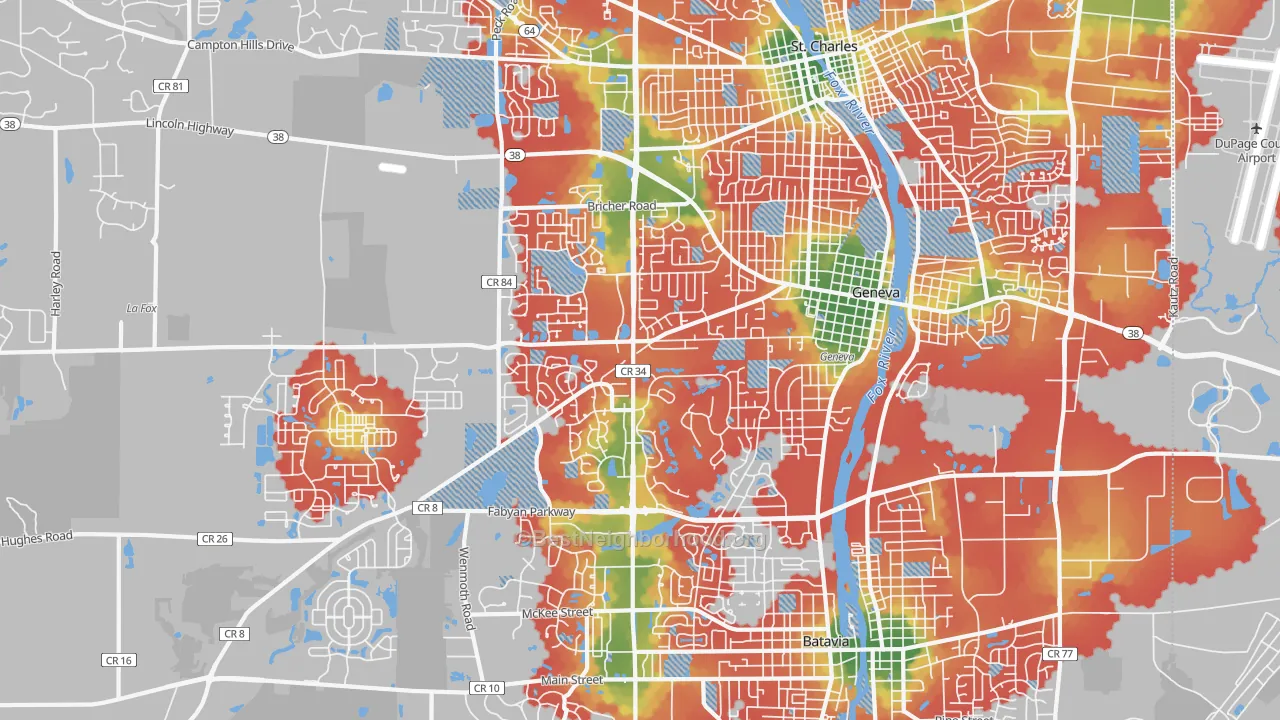 Walk Grade map of 60134, IL, walkable areas in green and car-dependent areas in red