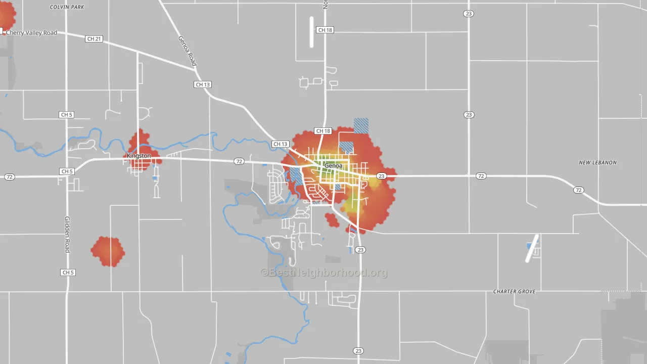 Walk Grade map of 60135, IL, walkable areas in green and car-dependent areas in red