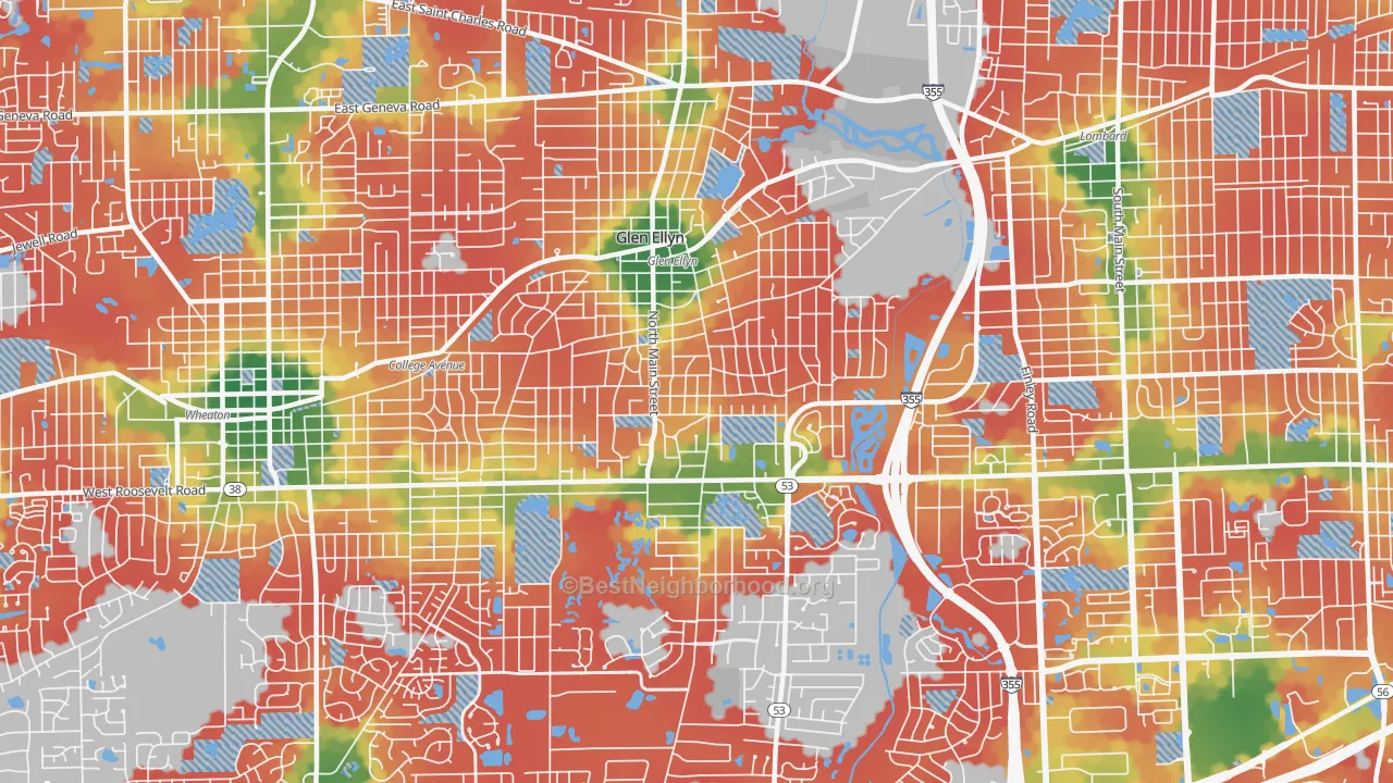 Walk Grade map of 60137, IL, walkable areas in green and car-dependent areas in red