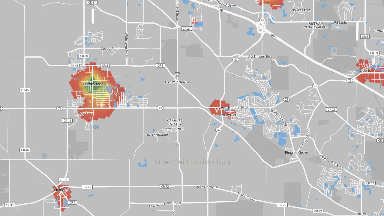 Walk Grade map of 60140, IL, walkable areas in green and car-dependent areas in red