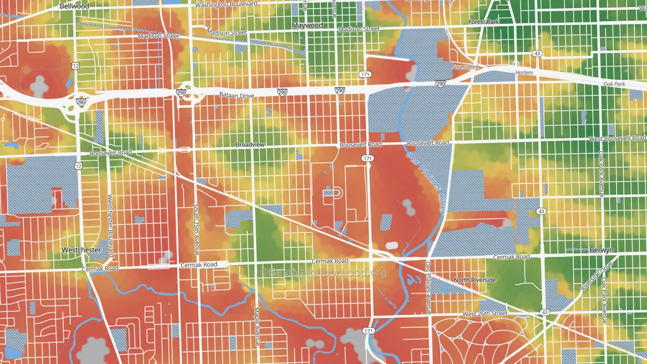 Walk Grade map of 60141, IL, walkable areas in green and car-dependent areas in red