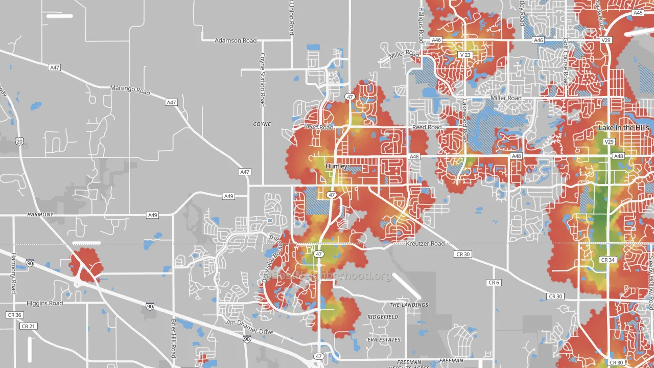 Walk Grade map of 60142, IL, walkable areas in green and car-dependent areas in red