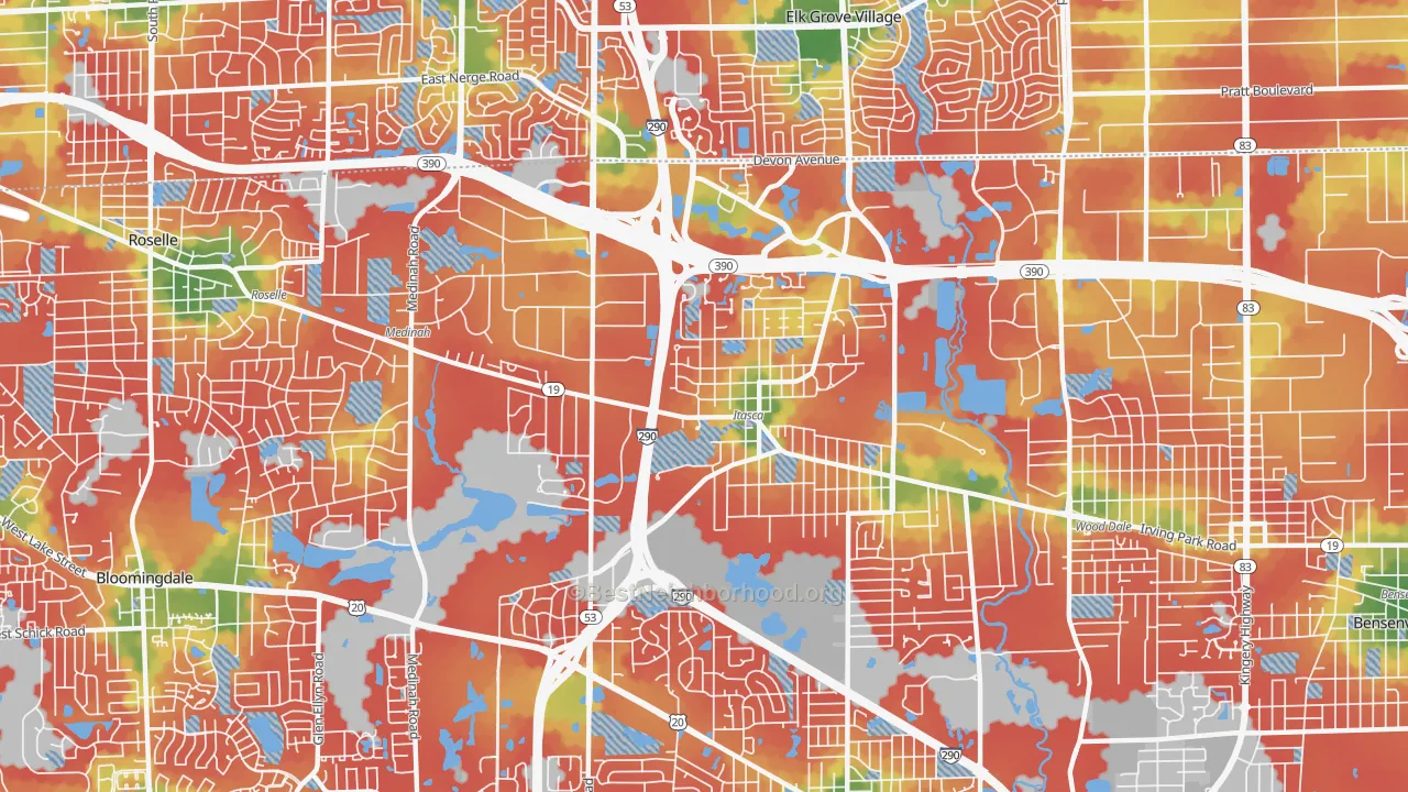 Walk Grade map of 60143, IL, walkable areas in green and car-dependent areas in red