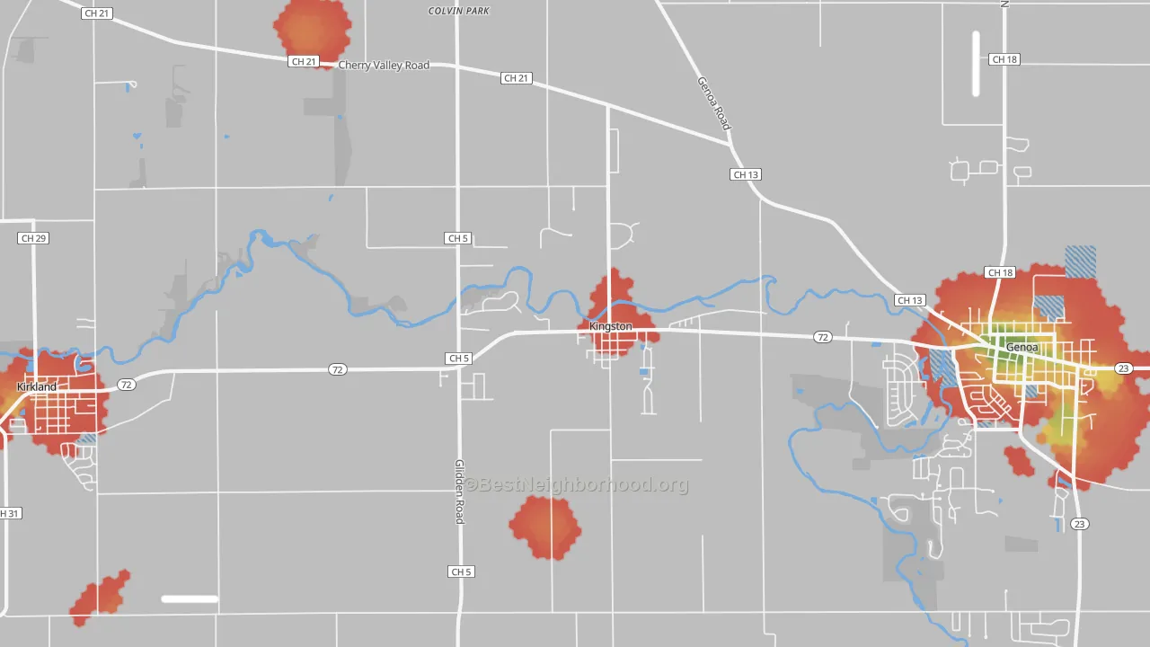 Walk Grade map of 60145, IL, walkable areas in green and car-dependent areas in red