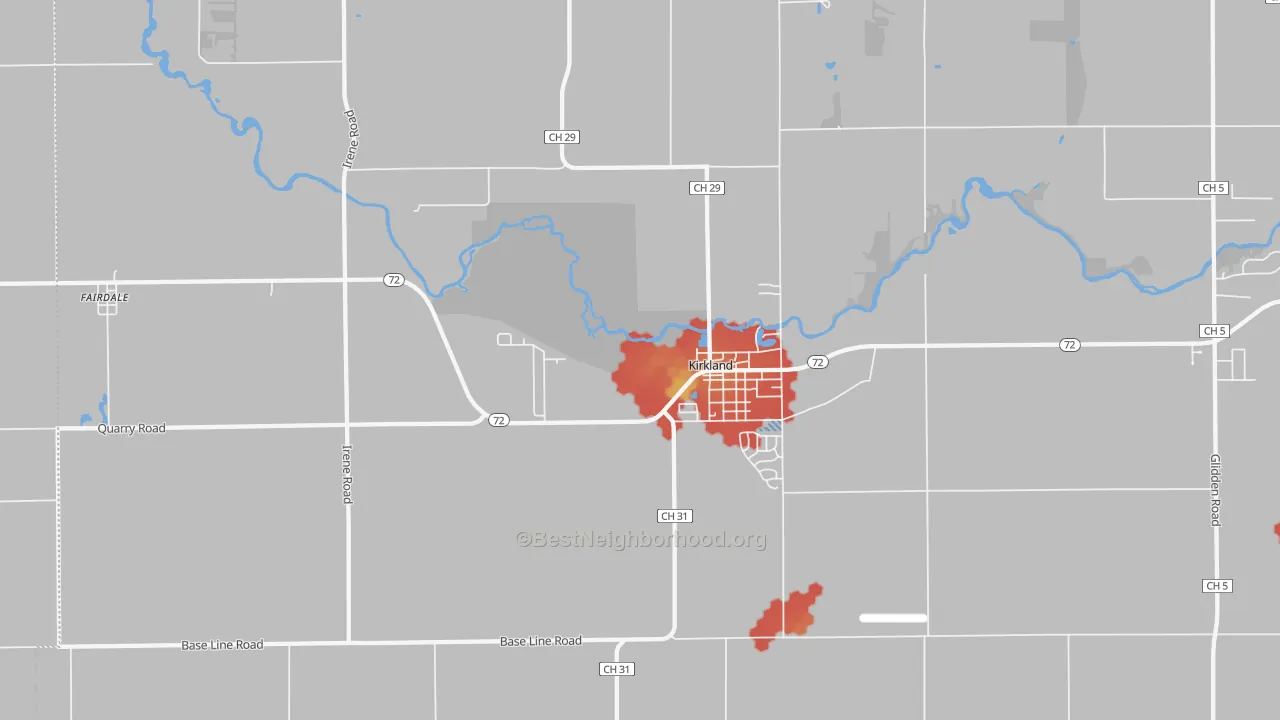 Walk Grade map of 60146, IL, walkable areas in green and car-dependent areas in red