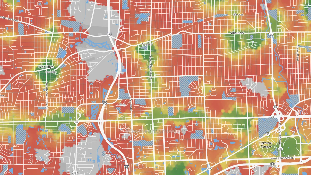 Walk Grade map of 60148, IL, walkable areas in green and car-dependent areas in red
