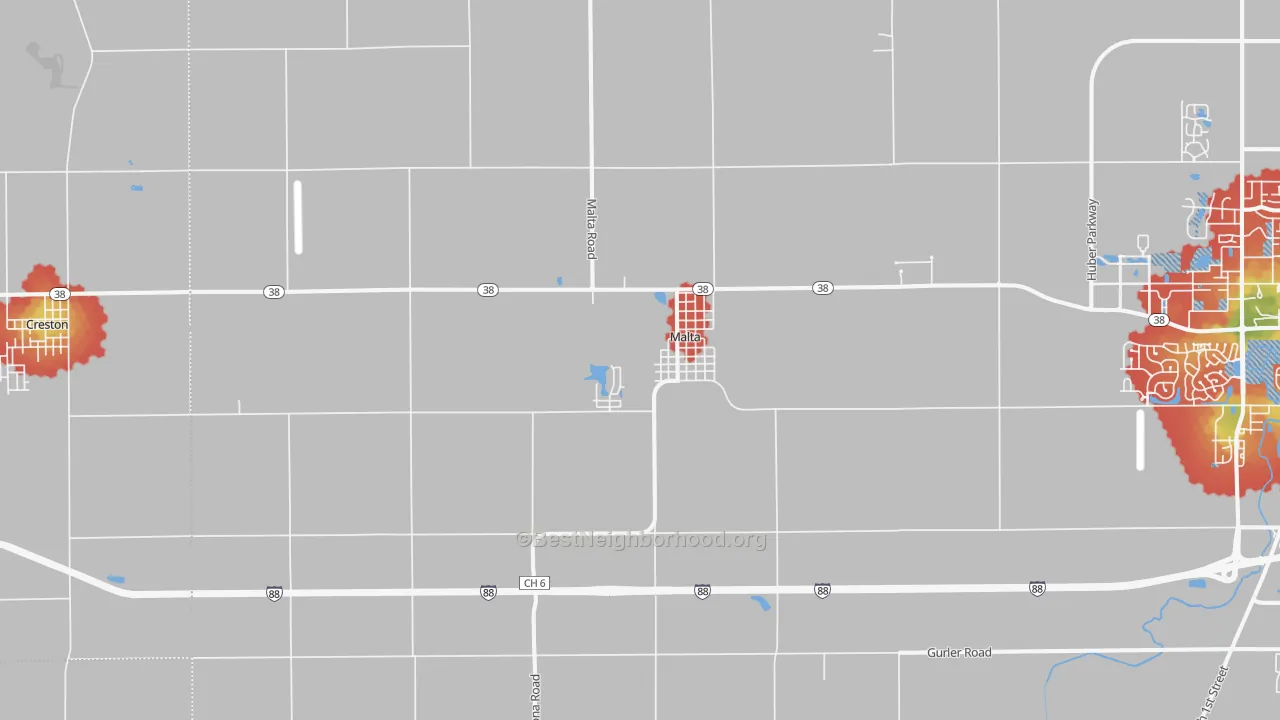 Walk Grade map of 60150, IL, walkable areas in green and car-dependent areas in red
