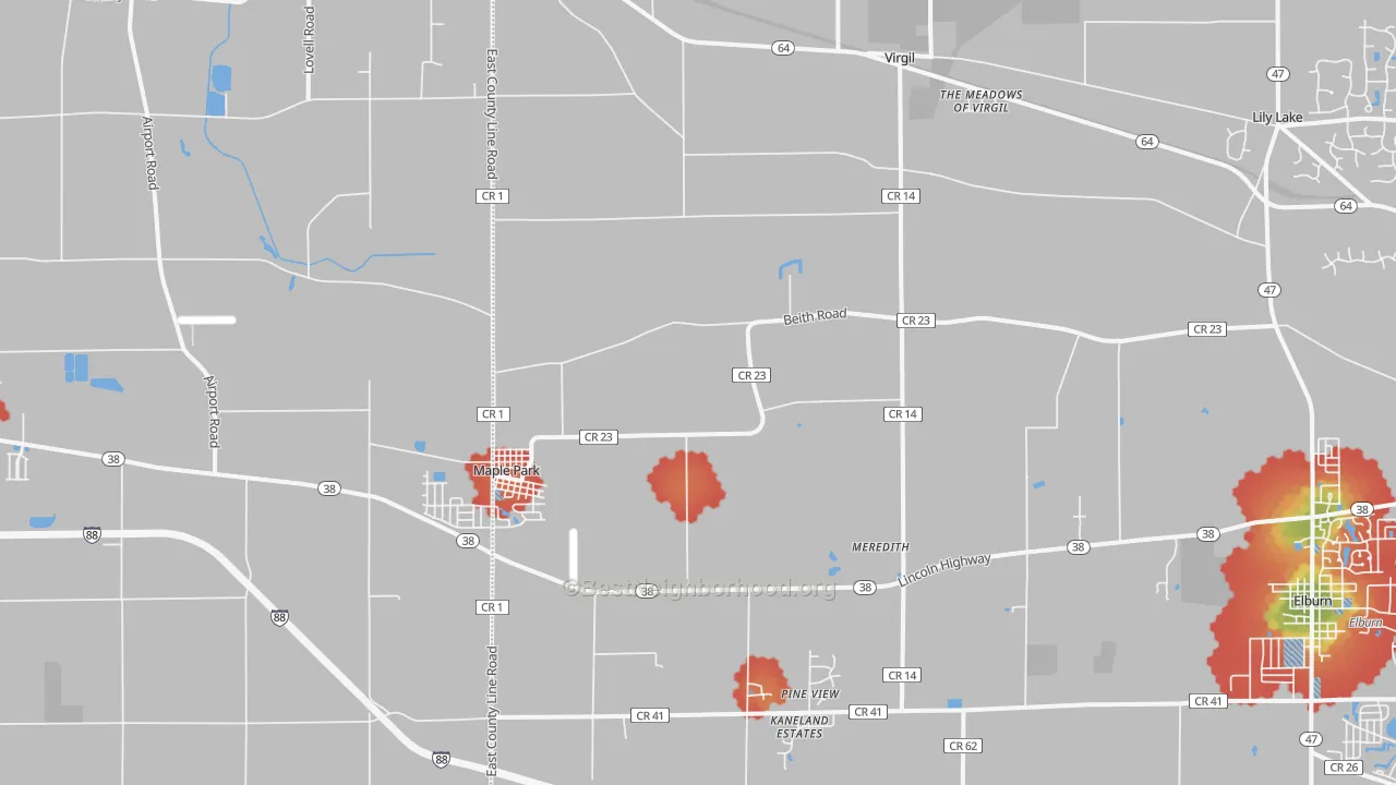 Walk Grade map of 60151, IL, walkable areas in green and car-dependent areas in red