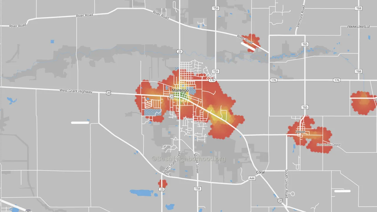 Walk Grade map of 60152, IL, walkable areas in green and car-dependent areas in red