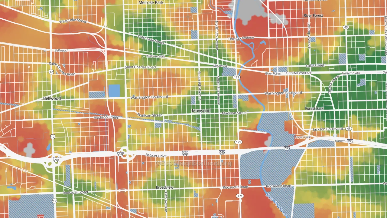 Walk Grade map of 60153, IL, walkable areas in green and car-dependent areas in red