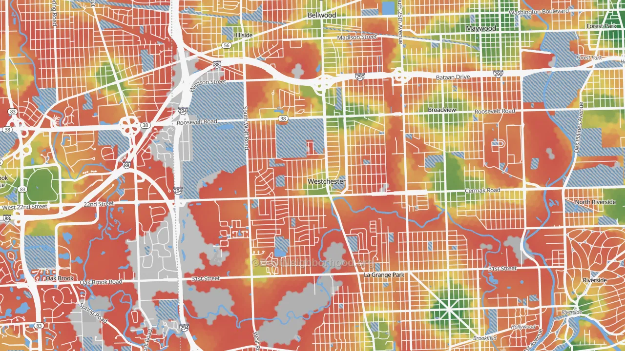 Walk Grade map of 60154, IL, walkable areas in green and car-dependent areas in red