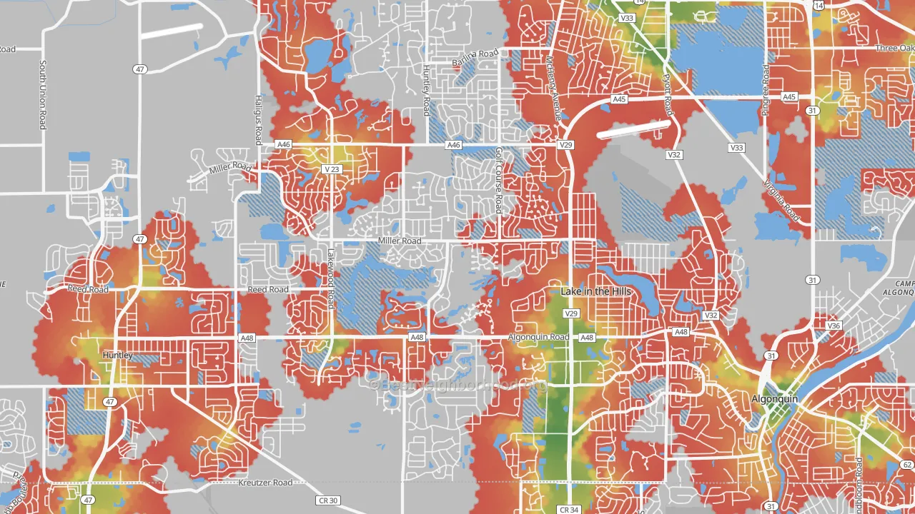 Walk Grade map of 60156, IL, walkable areas in green and car-dependent areas in red