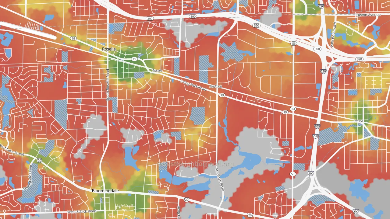 Walk Grade map of 60157, IL, walkable areas in green and car-dependent areas in red