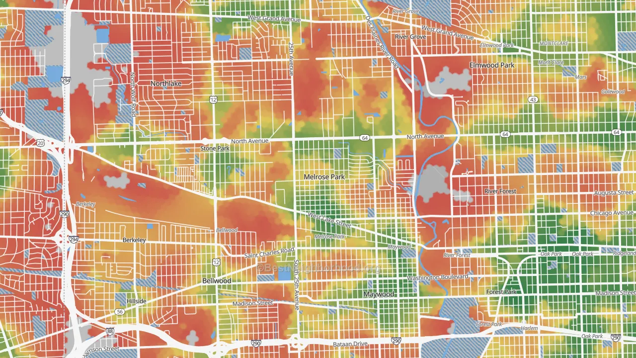 Walk Grade map of 60160, IL, walkable areas in green and car-dependent areas in red