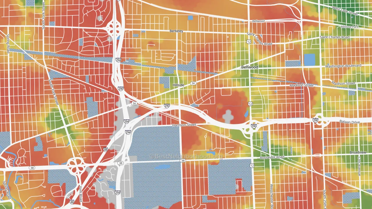 Walk Grade map of 60162, IL, walkable areas in green and car-dependent areas in red