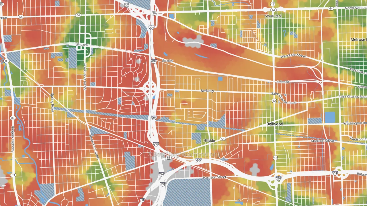 Walk Grade map of 60163, IL, walkable areas in green and car-dependent areas in red