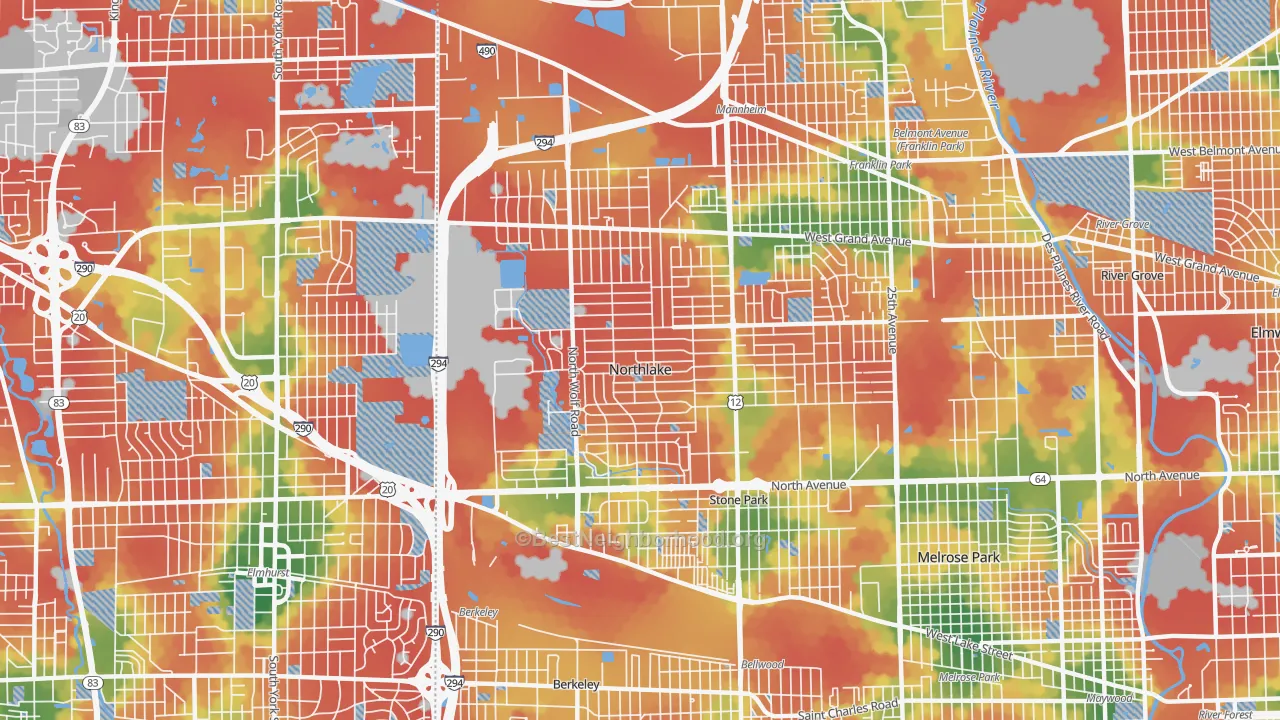 Walk Grade map of 60164, IL, walkable areas in green and car-dependent areas in red