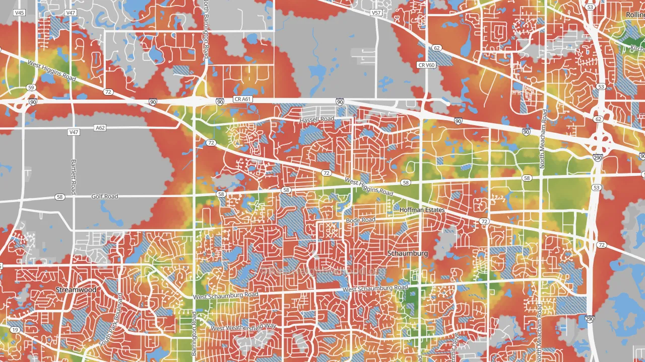 Walk Grade map of 60169, IL, walkable areas in green and car-dependent areas in red