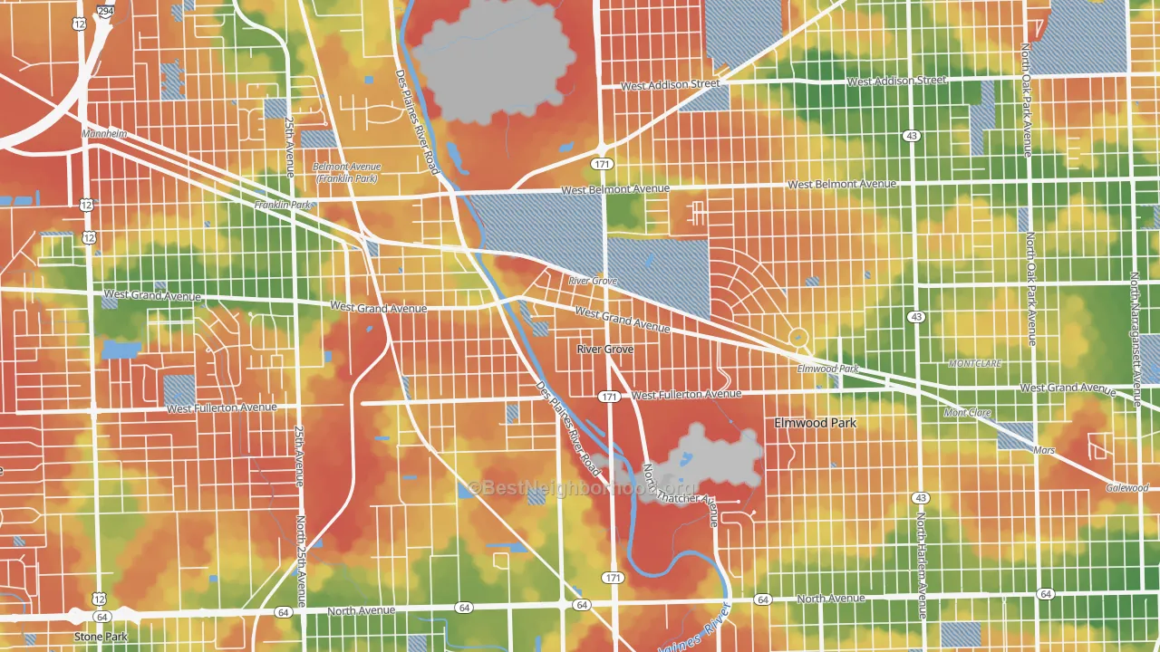 Walk Grade map of 60171, IL, walkable areas in green and car-dependent areas in red