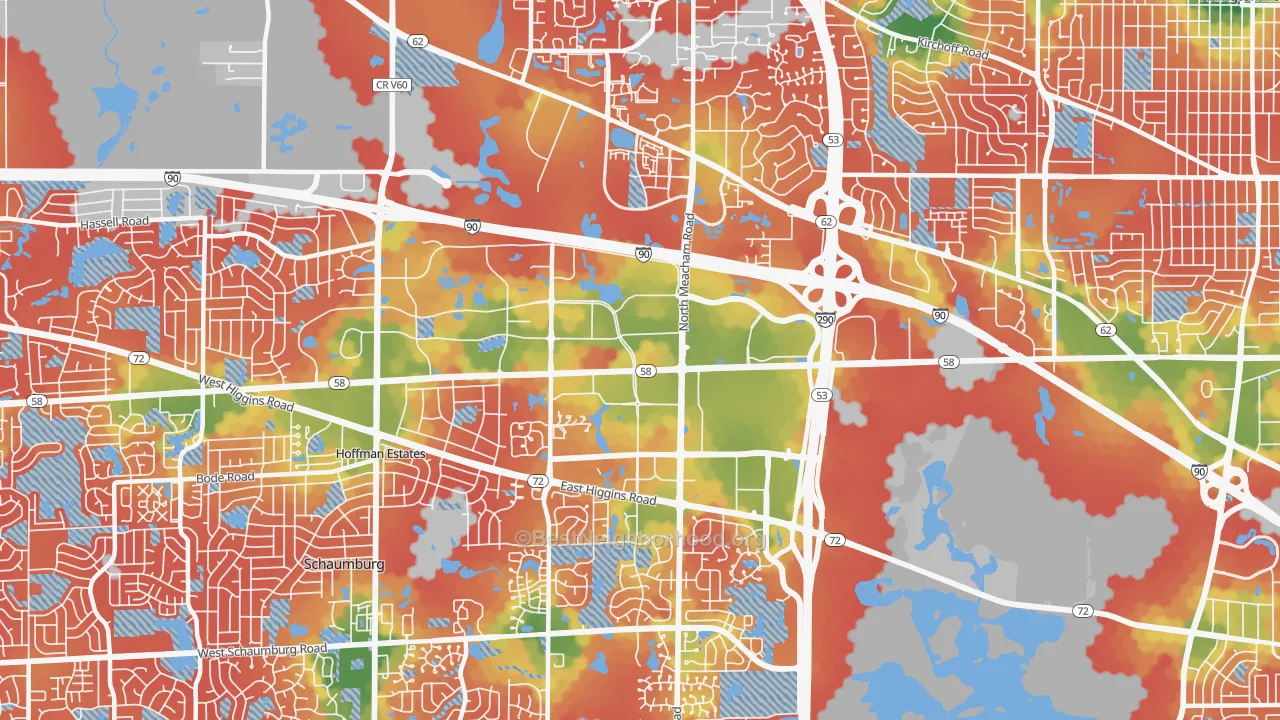 Walk Grade map of 60173, IL, walkable areas in green and car-dependent areas in red