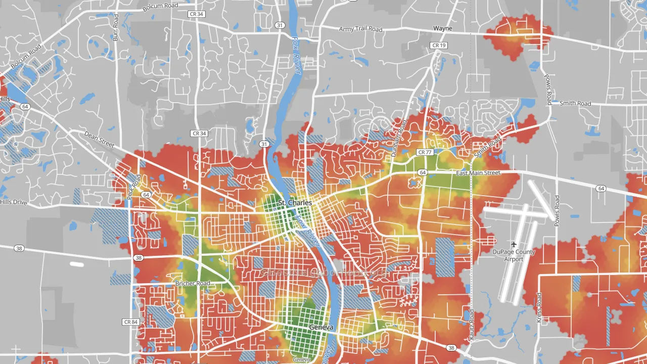 Walk Grade map of 60174, IL, walkable areas in green and car-dependent areas in red