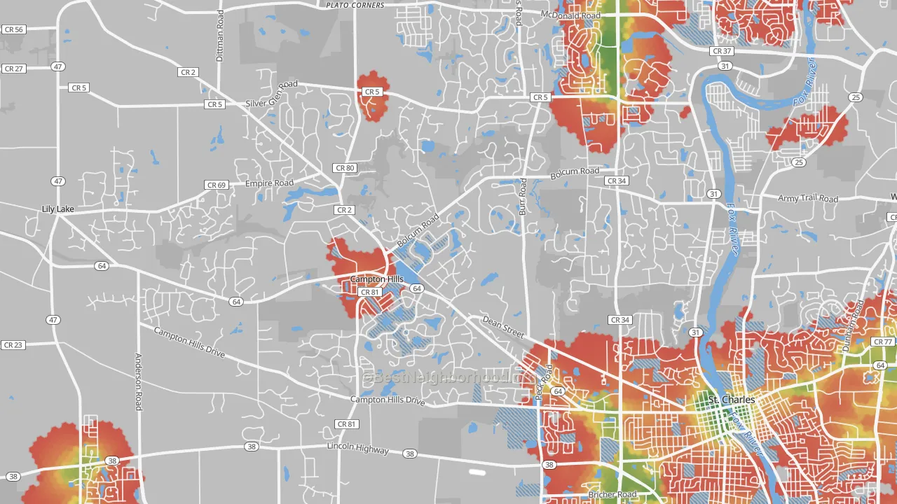 Walk Grade map of 60175, IL, walkable areas in green and car-dependent areas in red