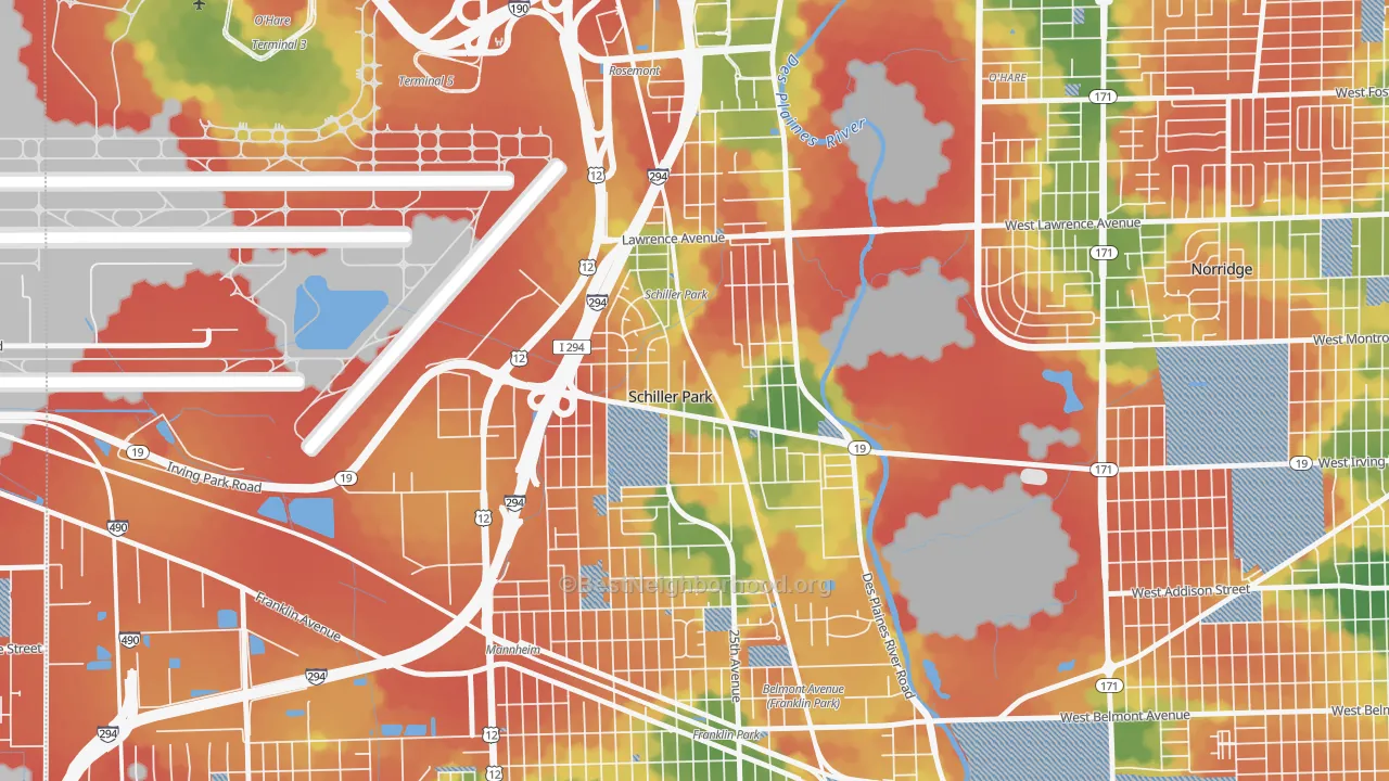 Walk Grade map of 60176, IL, walkable areas in green and car-dependent areas in red