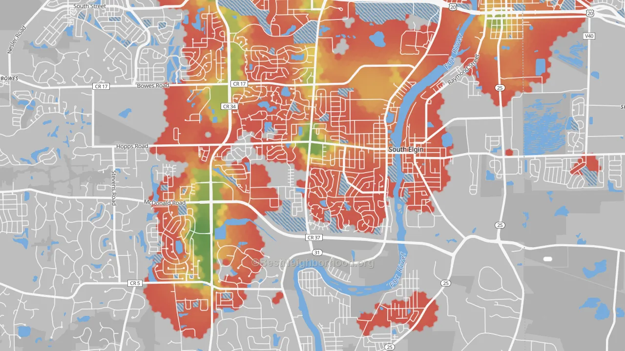 Walk Grade map of 60177, IL, walkable areas in green and car-dependent areas in red