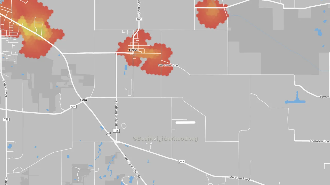 Walk Grade map of 60180, IL, walkable areas in green and car-dependent areas in red