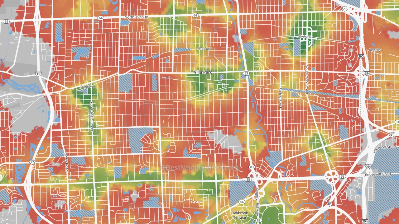 Walk Grade map of 60181, IL, walkable areas in green and car-dependent areas in red